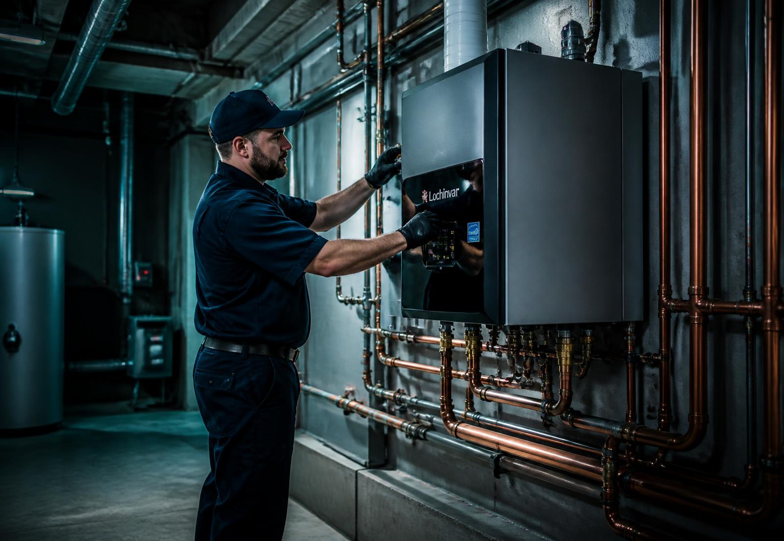 Technician servicing a high-efficiency boiler and copper piping in a mechanical room