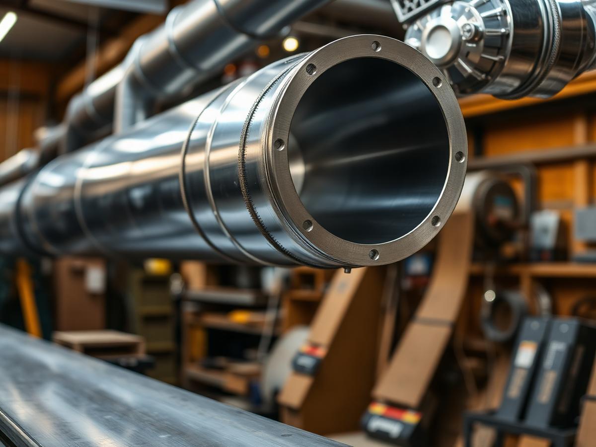 Custom fabricated spiral ductwork on a workbench in the sheet metal shop
